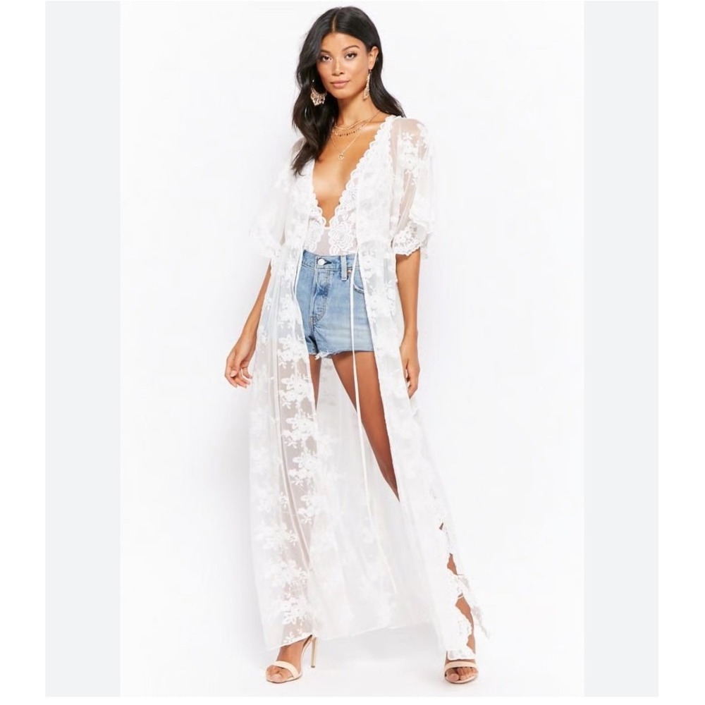 Forever 21 Duster Kimono Sm White Floral Lace Mesh Maxi Boho Embroidered Sheer